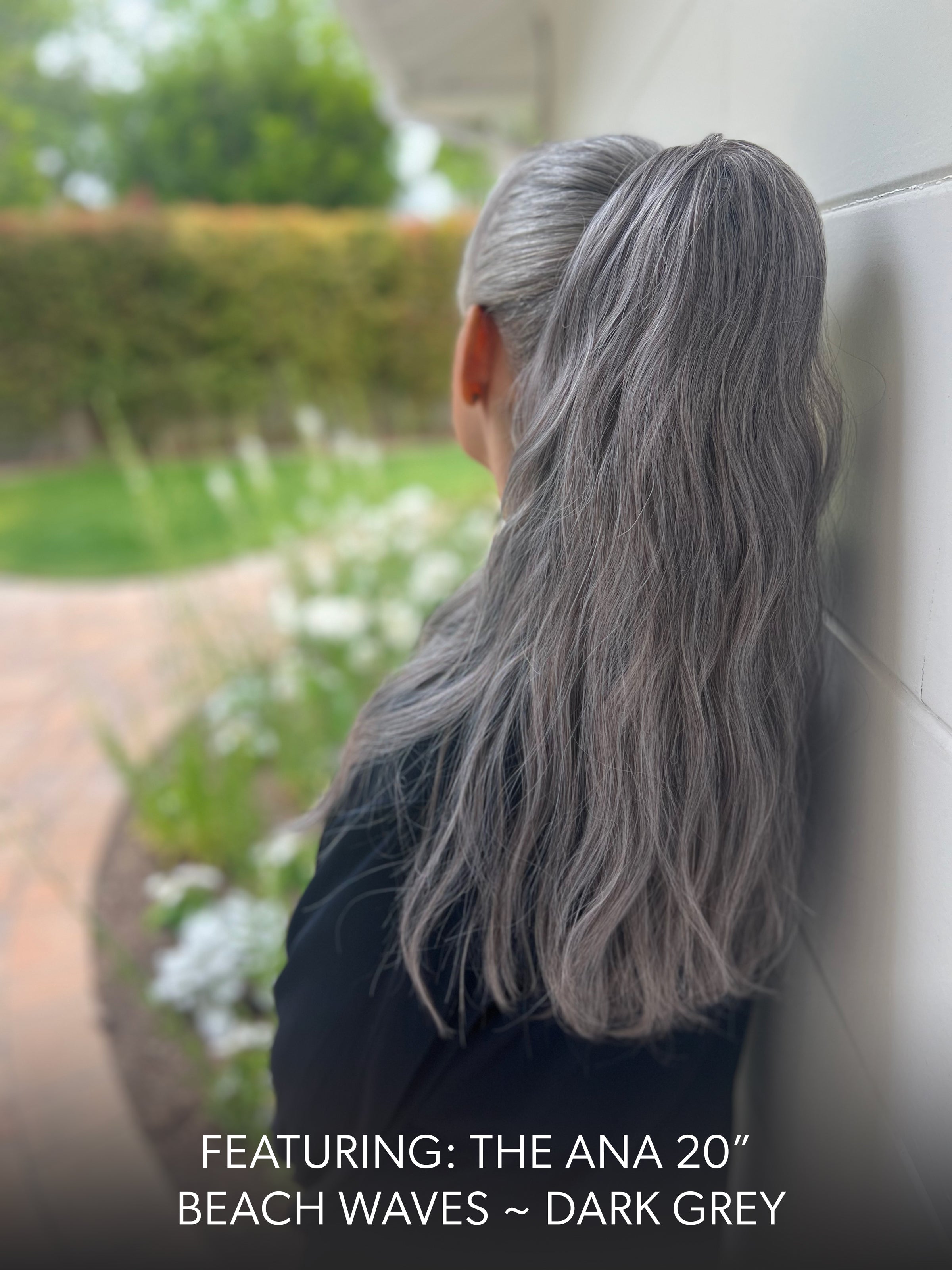 Ana Beach Waves 20 Inch Dark Grey Clip On Salon Quality Synthetic DIY Qcura Ponytail Hair Extension